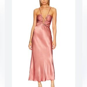 Shona Joy Angelica Satin Keyhole Cutout Midi Dress in Rouge Size US 4 $295